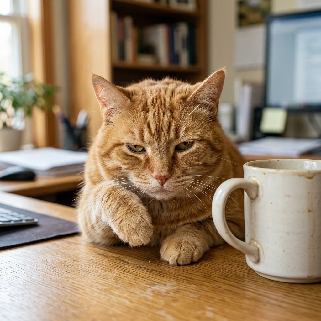 Sleepy orange cat beside a coffee mug