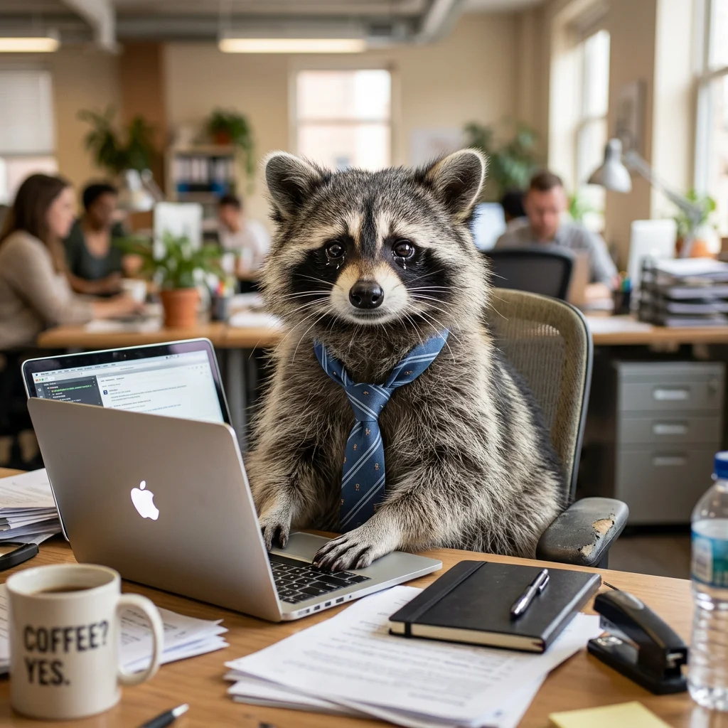 Tired raccoon wearing a tie at an office laptop