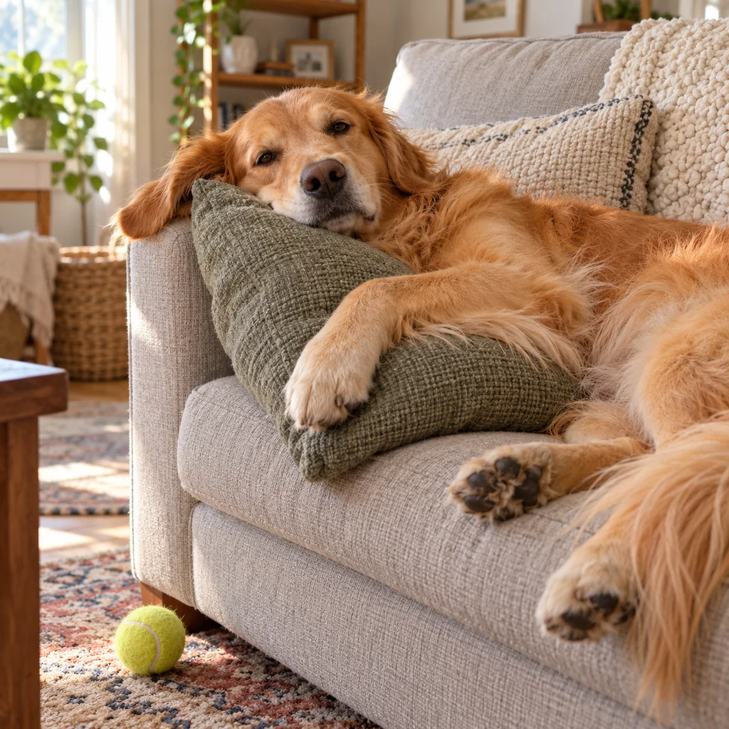 Golden retriever lounging on a couch with a cushion and a tennis ball